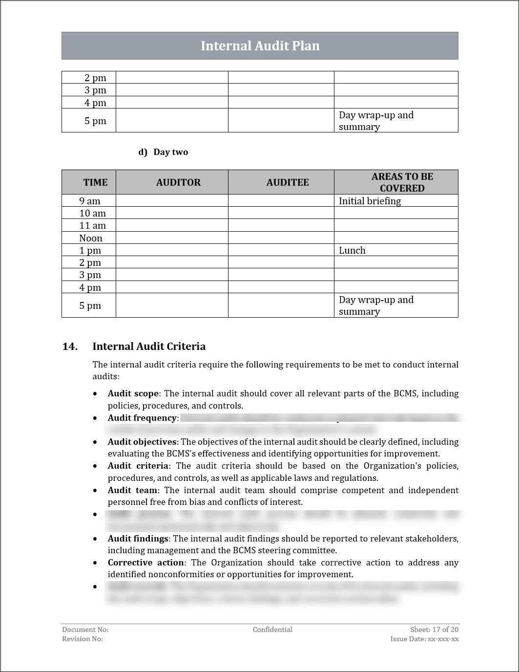 ISO 22301 Internal Audit Plan