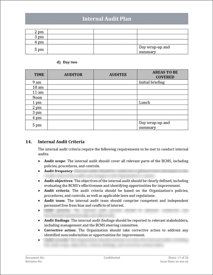 ISO 22301 Internal Audit Plan