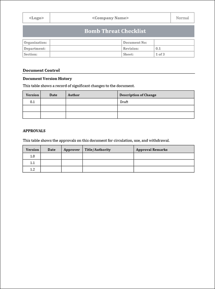 ISO 22301 Bomb Threat Checklist