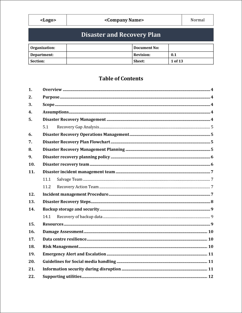 ISO 27001:2022 - Disaster And Recovery Plan Template