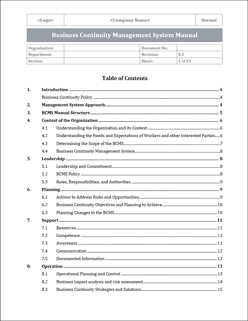 ISO 22301 Business Continuity Management System Manual Template