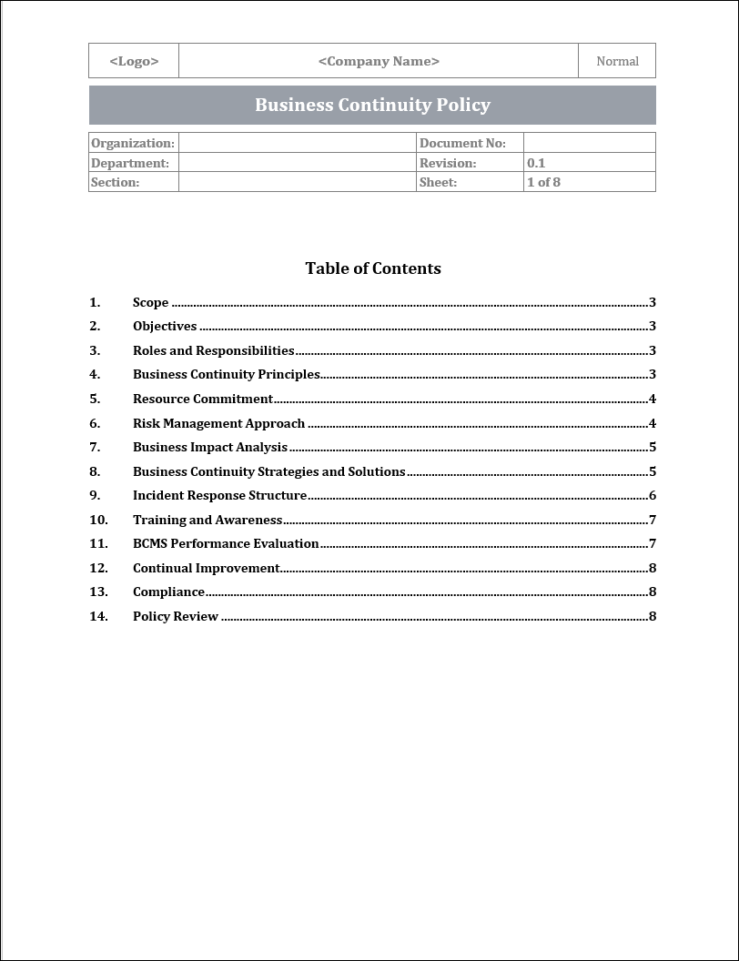 ISO 22301 Business Continuity Policy Template