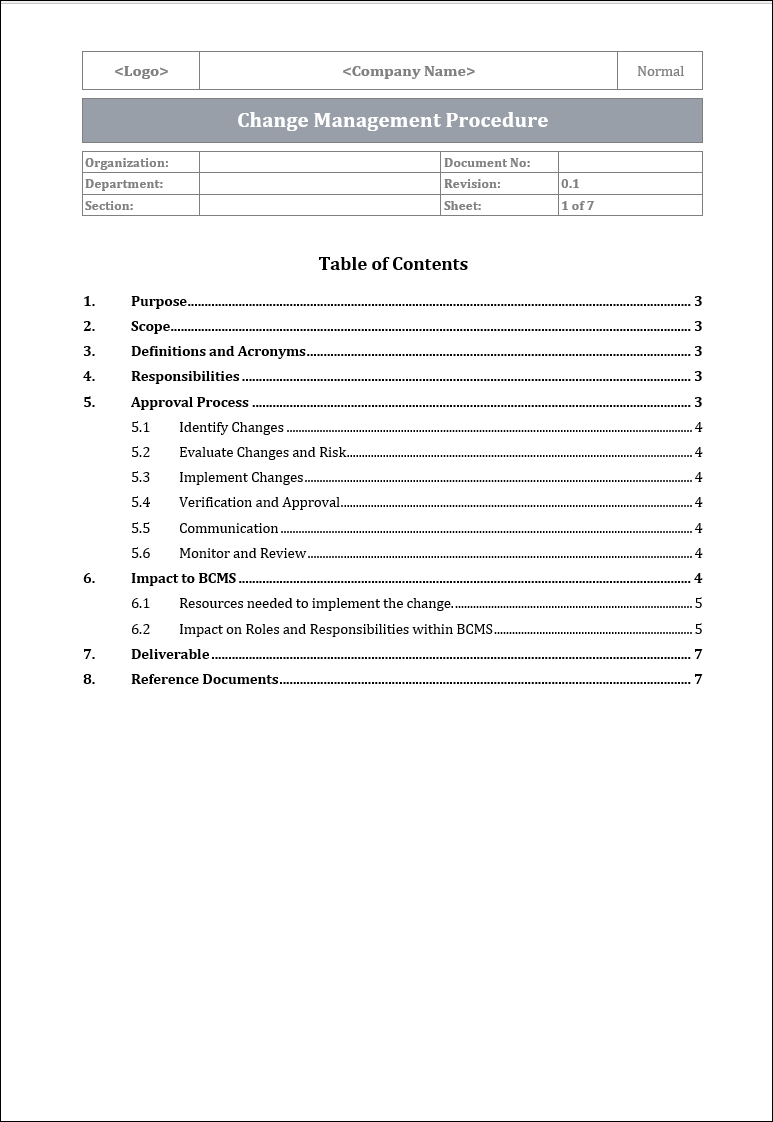 ISO 22301 Change Management Procedure Template