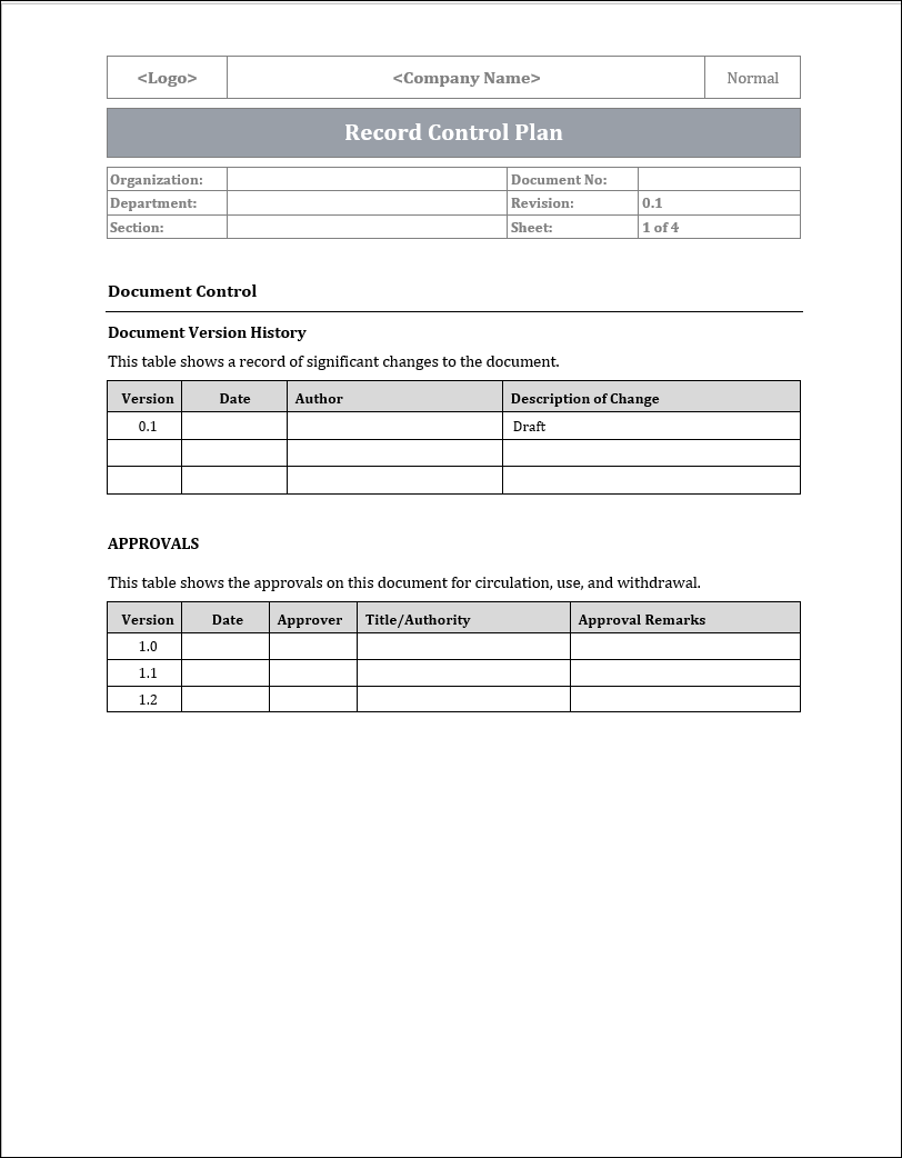 ISO 22301 Record Control Plan Template