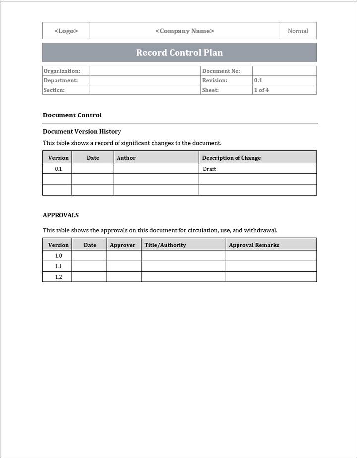 ISO 22301 Record Control Plan Template