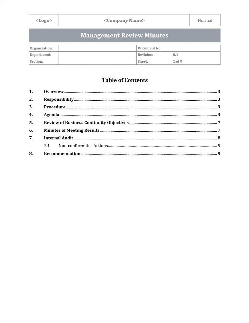 ISO 22301 Management Review Minutes 