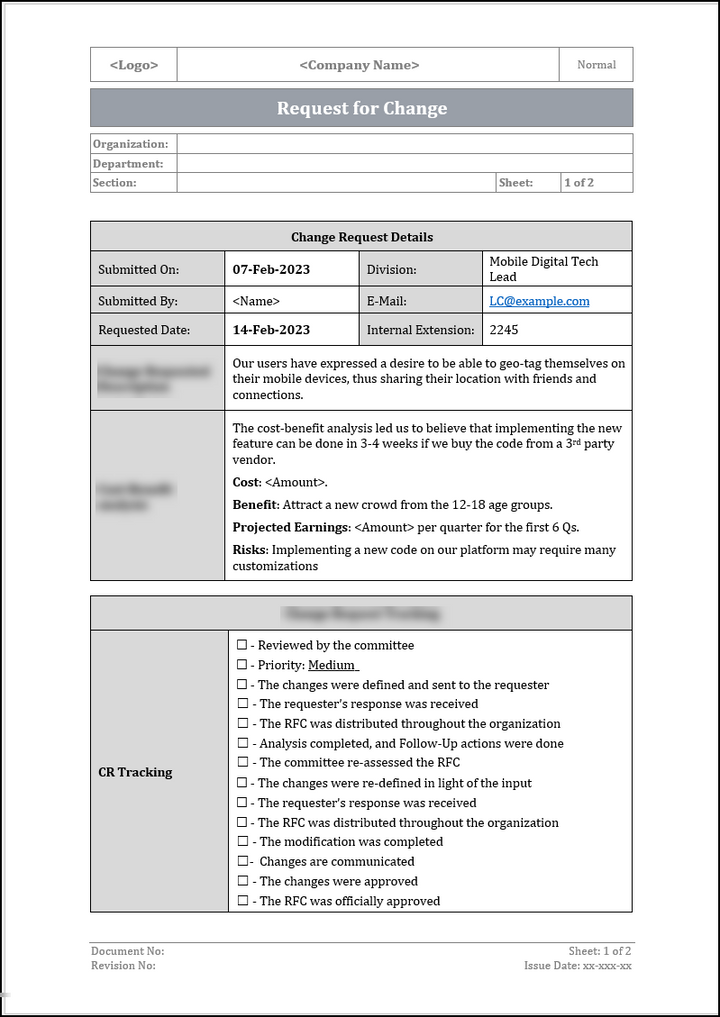 ISO 22301 Request for Change Form