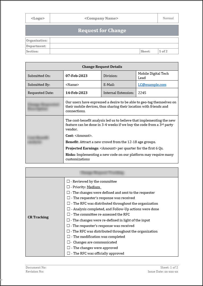 ISO 22301 Request for Change Form