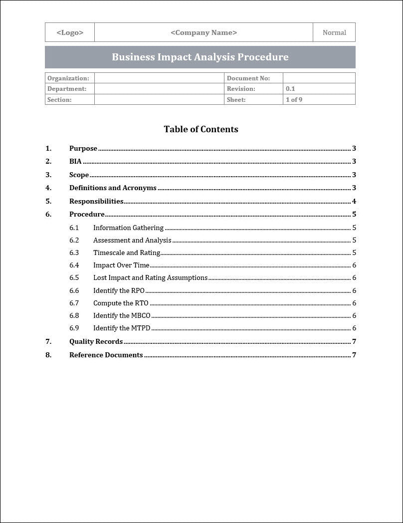 ISO 22301 Business Impact Analysis Procedure