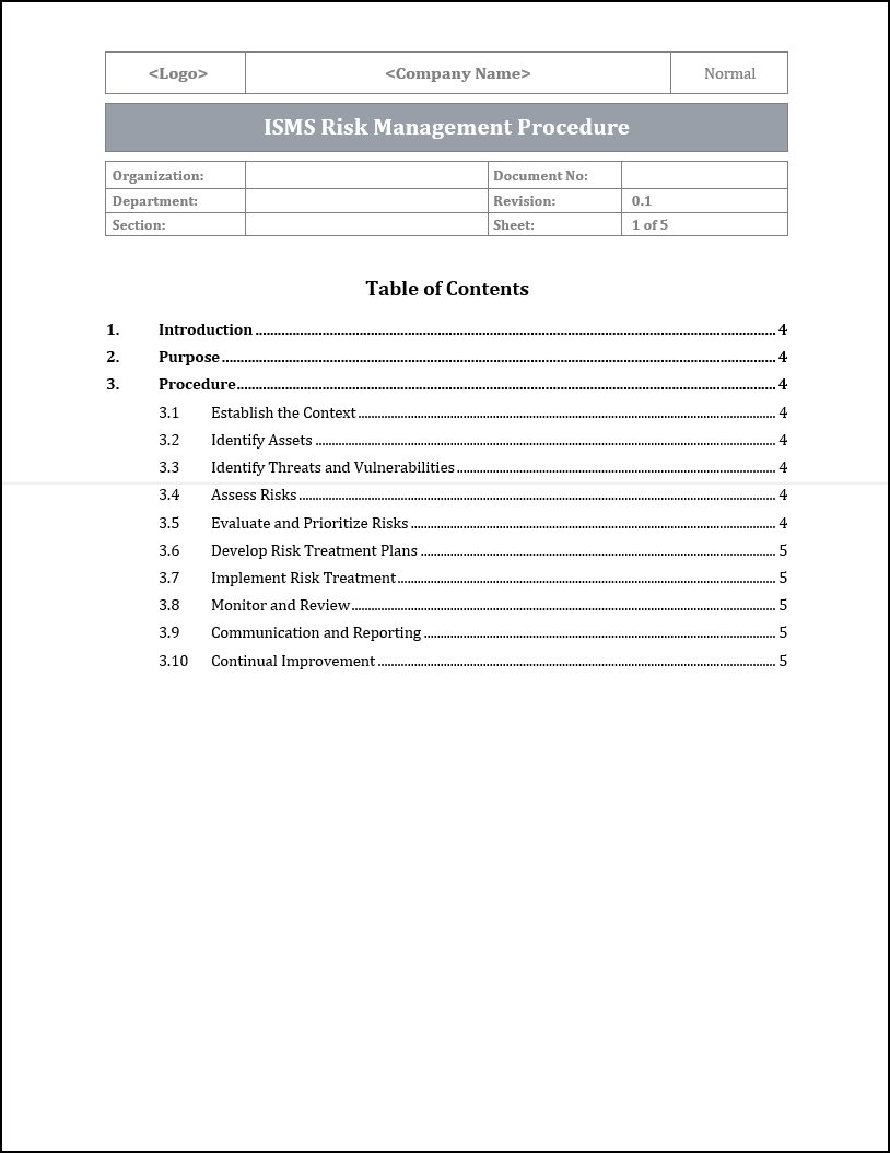 ISO 27001:2022 - ISMS Risk Management Procedure Template