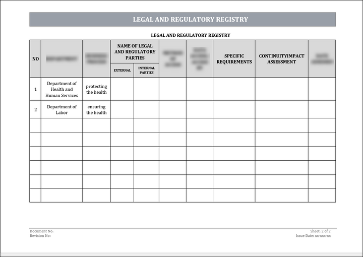 ISO 22301 Legal and Regulatory Registry Template