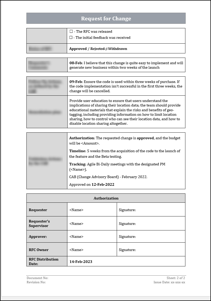 ISO 22301 Request for Change Form