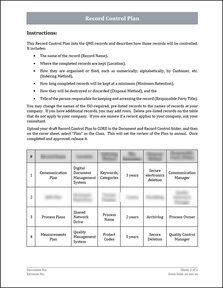 ISO 22301 Record Control Plan Template