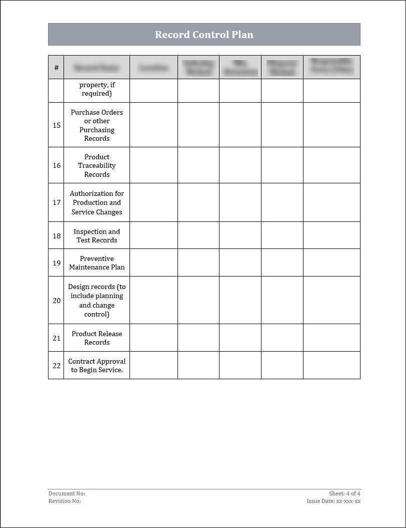 ISO 22301 Record Control Plan Template