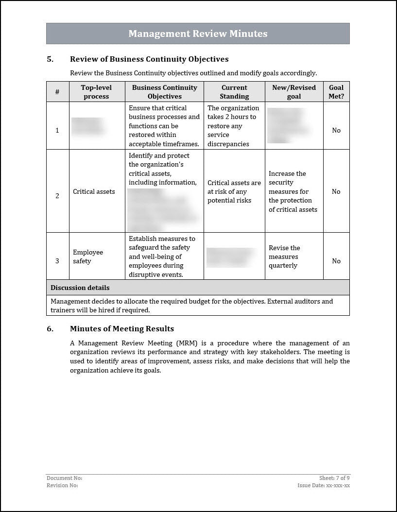 ISO 22301 Management Review Minutes 