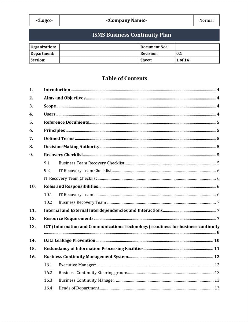 ISO 27001:2022 - Business Continuity Plan Template