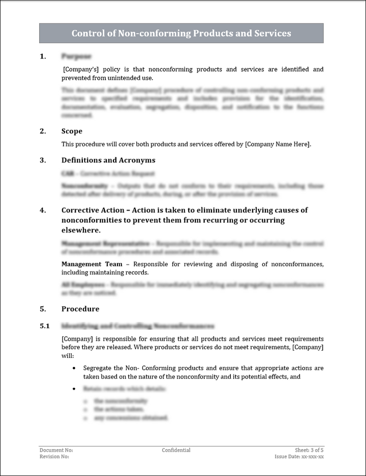 ISO 9001:QMS Control of Non-Conforming Products and Services Template