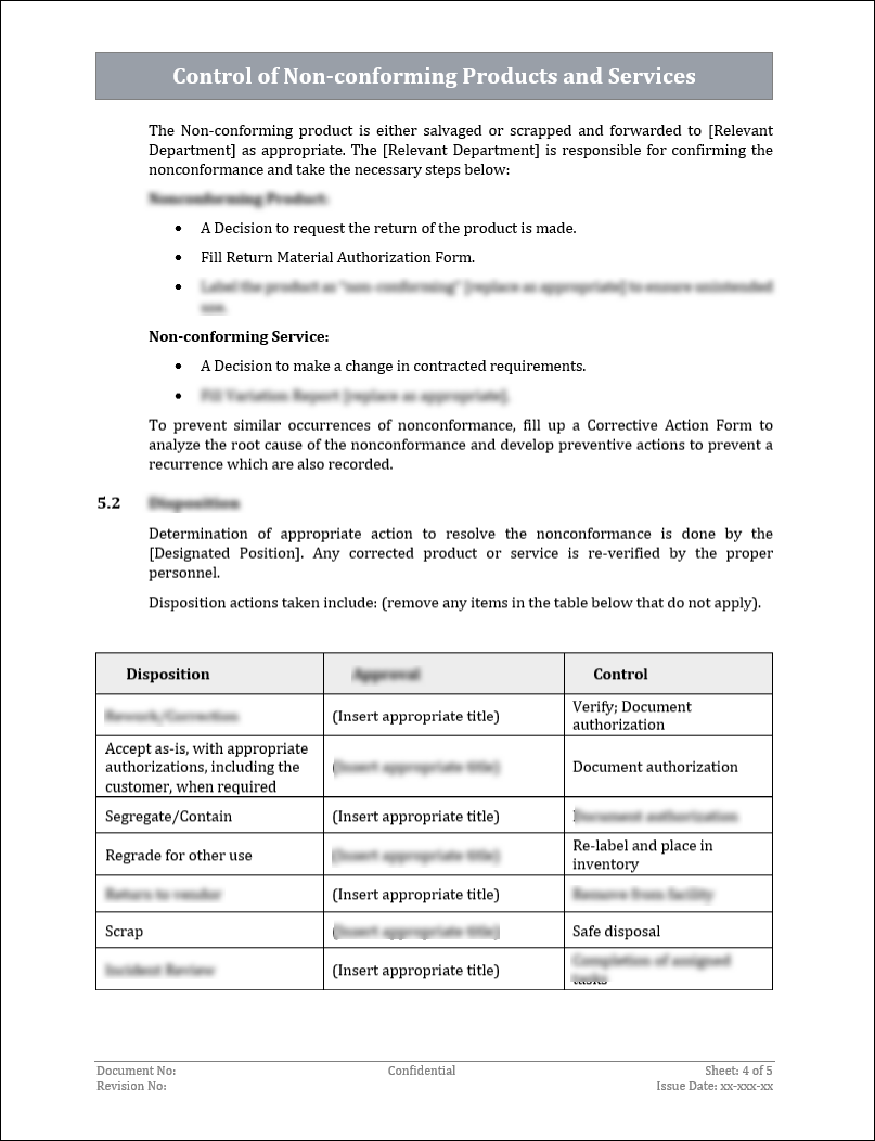 ISO 9001:QMS Control of Non-Conforming Products and Services Template