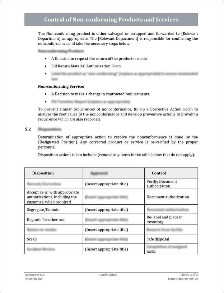 ISO 9001:QMS Control of Non-Conforming Products and Services Template