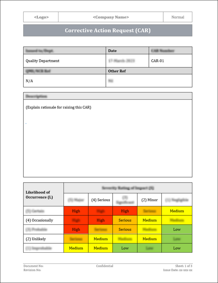 ISO 9001:QMS Corrective Action Request Template