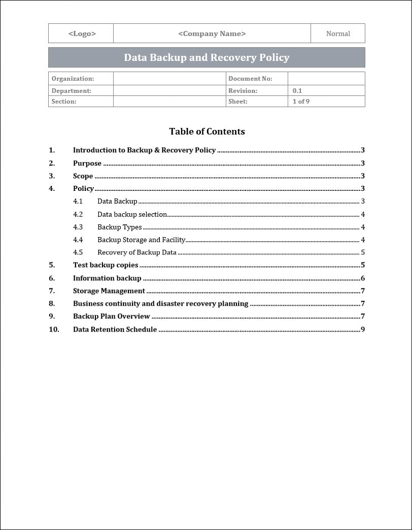 ISO 27001 Data Backup and Recovery Policy Template