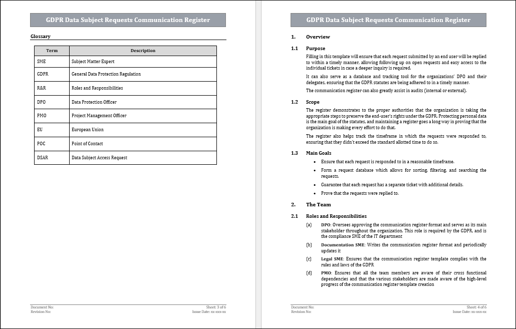 GDPR Data Subject Requests Communication Register Template