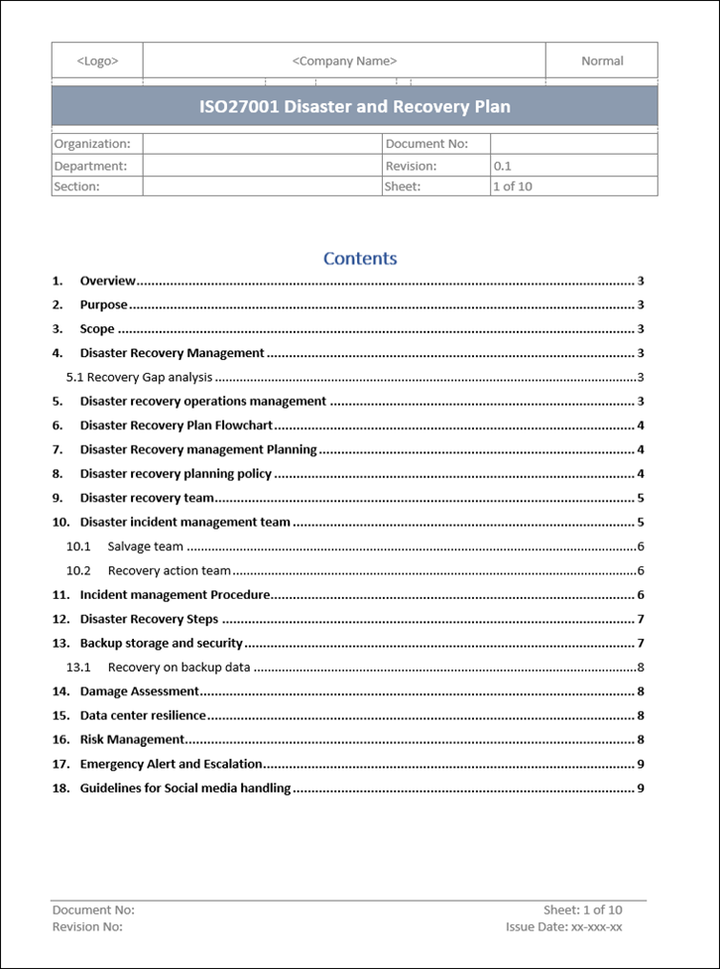 Disaster and recovery plan