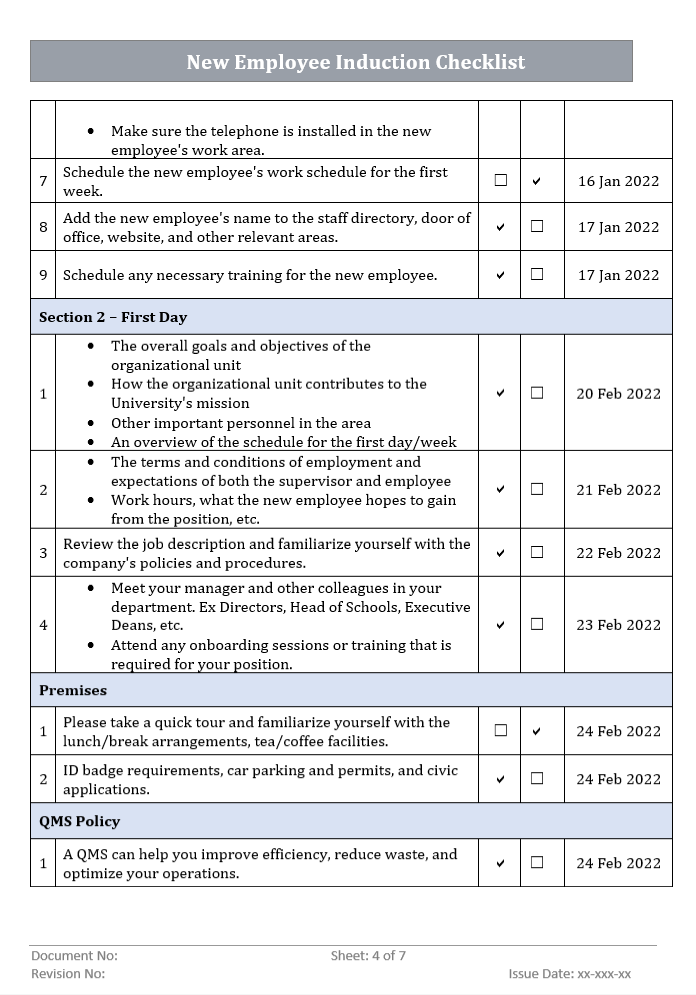 Employee Induction Checklist Word