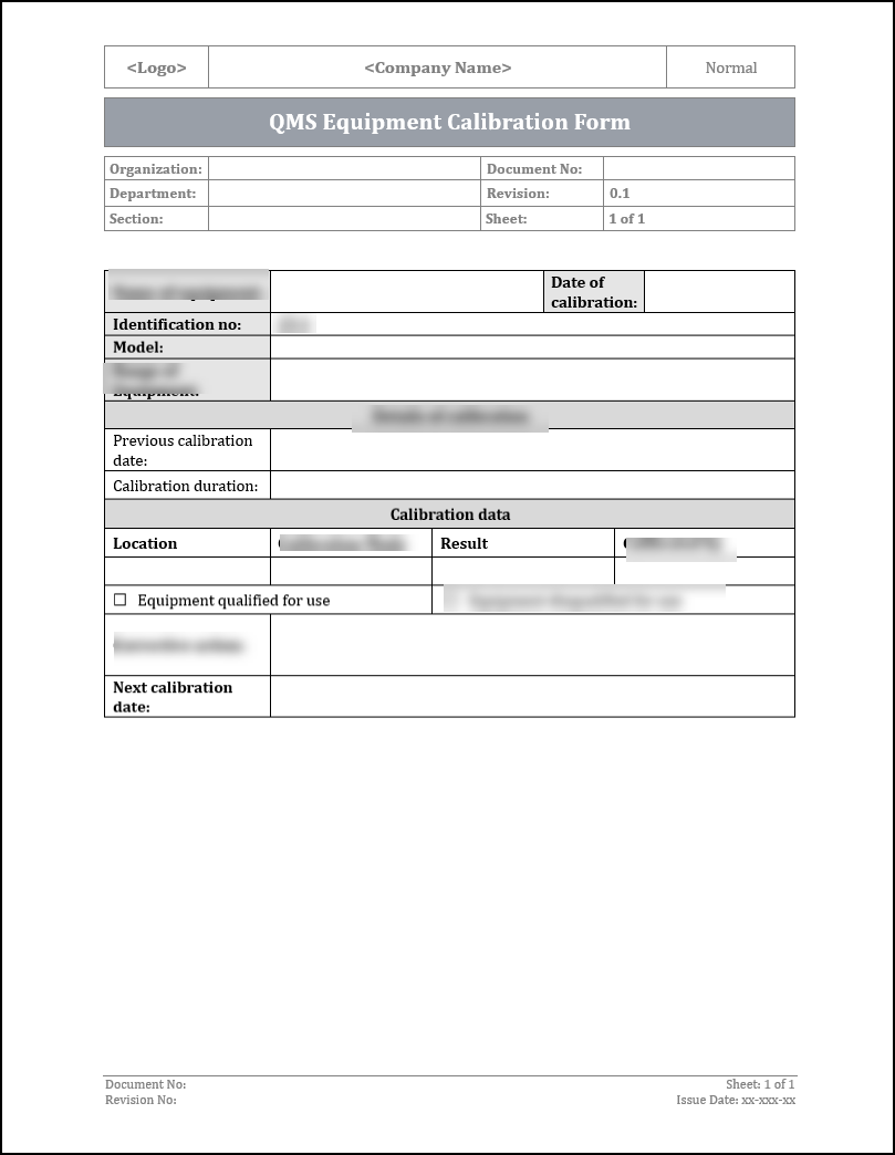 ISO 9001: QMS Equipment Calibration Form