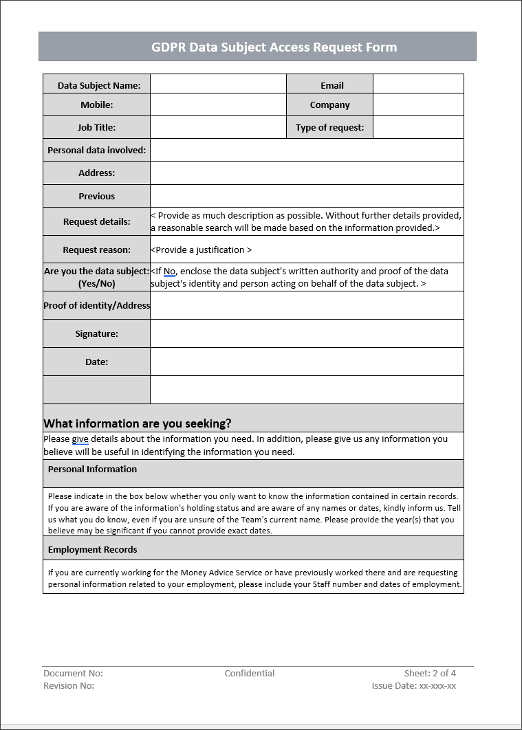 GDPR Data Subject Access Request Form Template