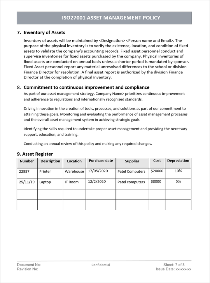 Asset management policy, Inventory of assets