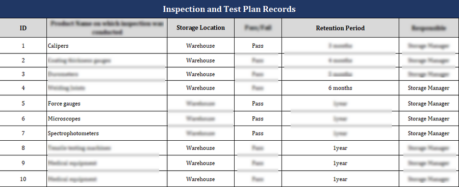 ISO 9001:QMS Inspection and Test Plan Records Template