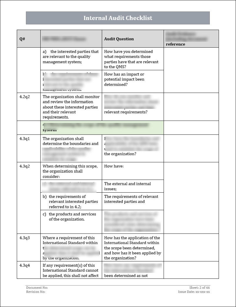 ISO 9001: QMS Internal Audit Checklist (Word)