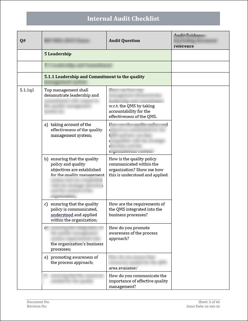 ISO 9001: QMS Internal Audit Checklist (Word)