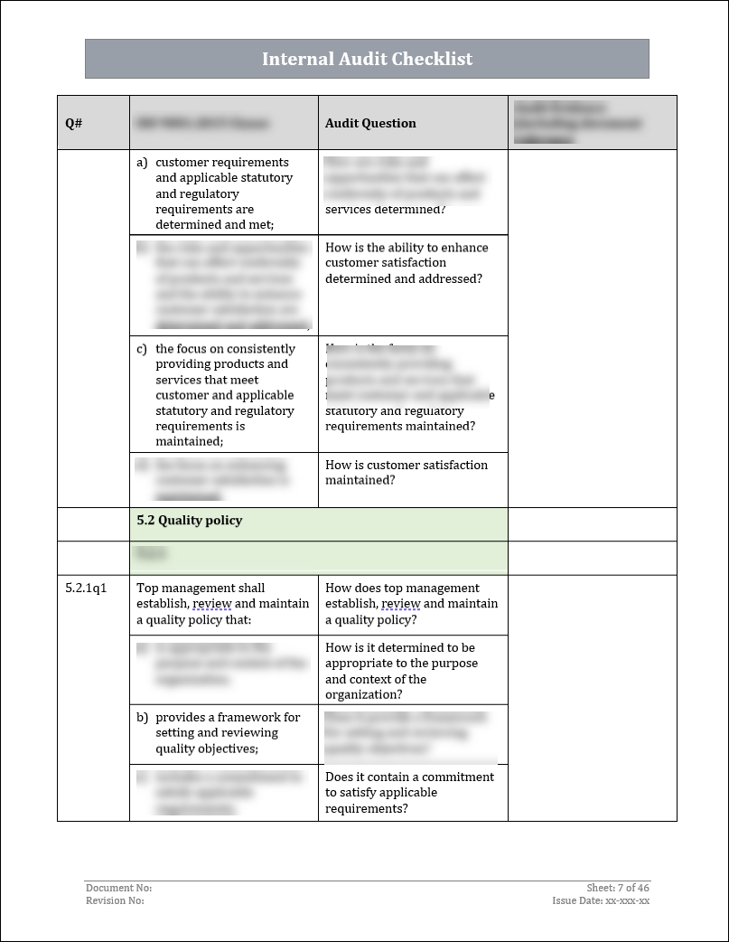 ISO 9001: QMS Internal Audit Checklist (Word)