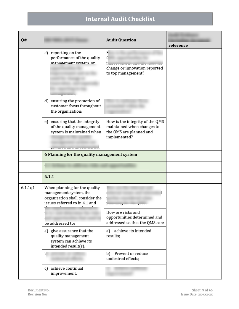 ISO 9001: QMS Internal Audit Checklist (Word)