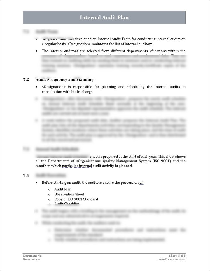 ISO 9001: QMS Internal Audit Plan