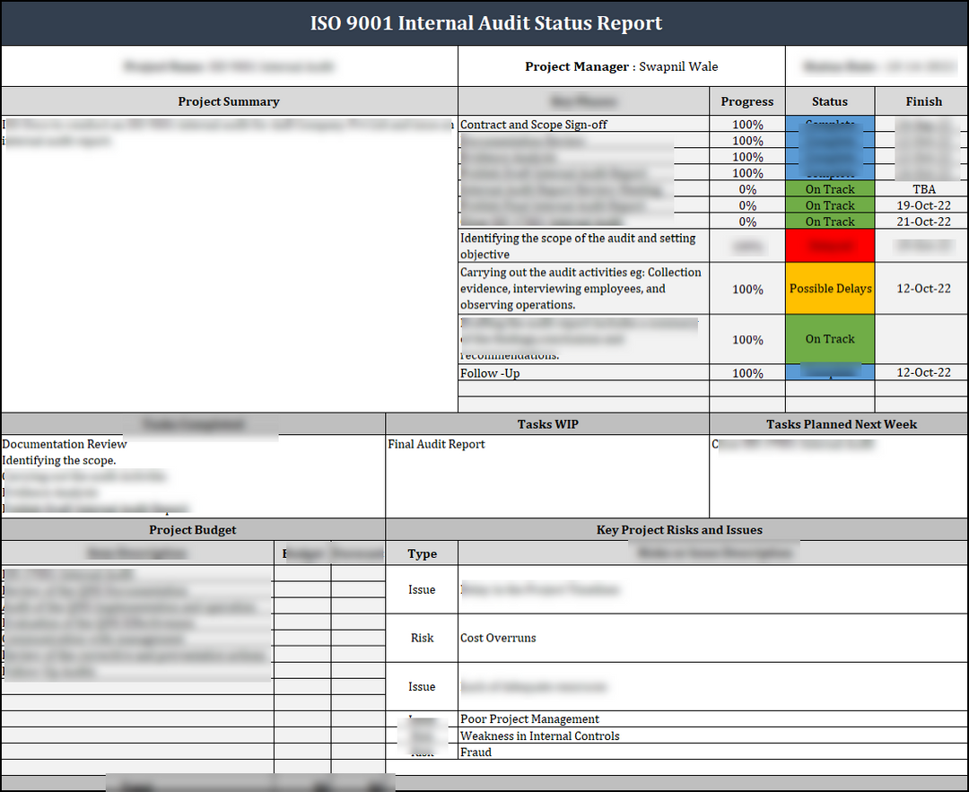 ISO 9001: QMS Internal Audit Status Report