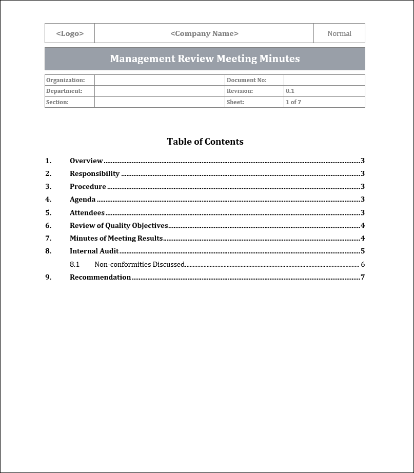 ISO 9001:QMS Management Review Meeting Template