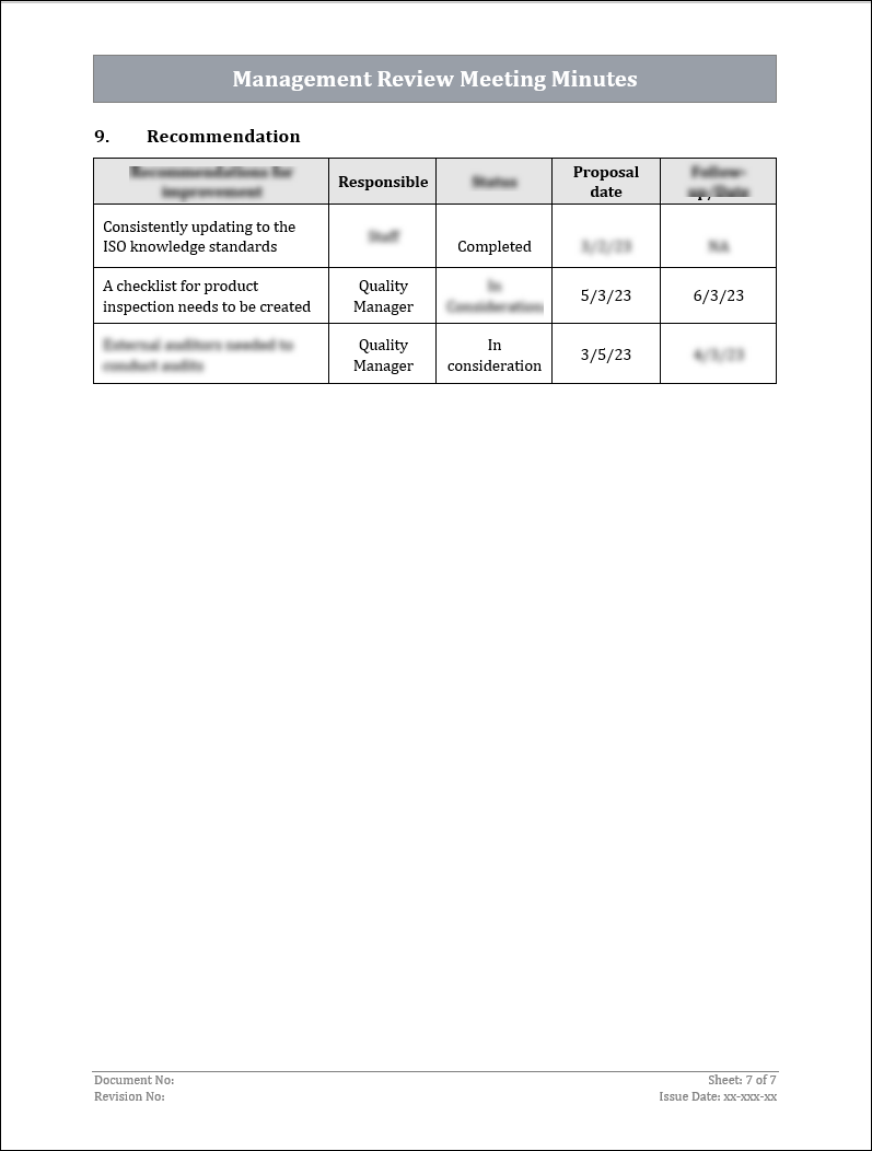 ISO 9001:QMS Management Review Meeting Template