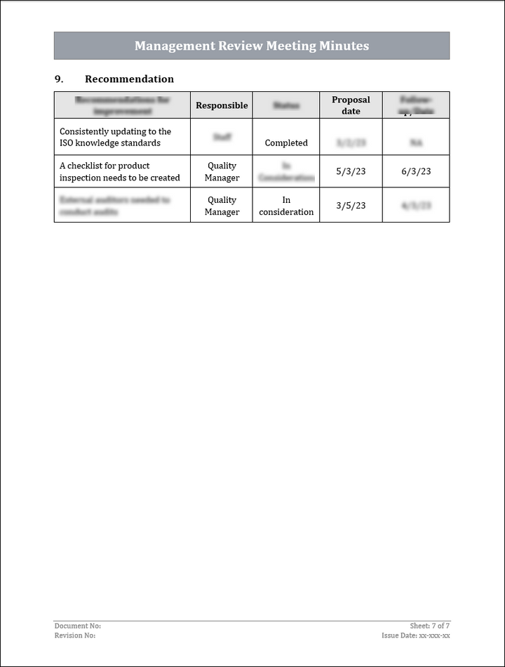 ISO 9001:QMS Management Review Meeting Template