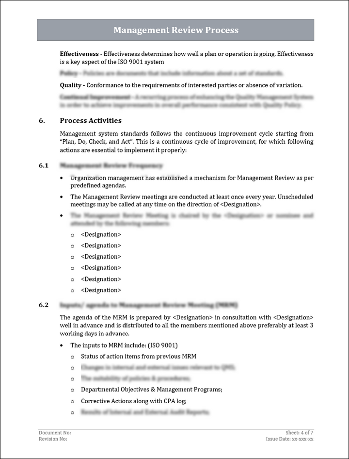 ISO 9001:QMS Management Review Process Template