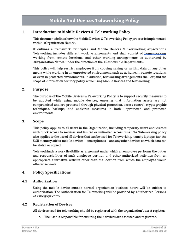 Mobile Device And Teleworking Policy Template - ISO 27001