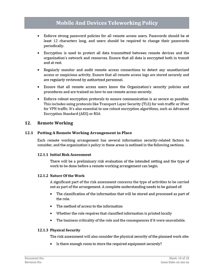 Mobile Device And Teleworking Policy Template - ISO 27001