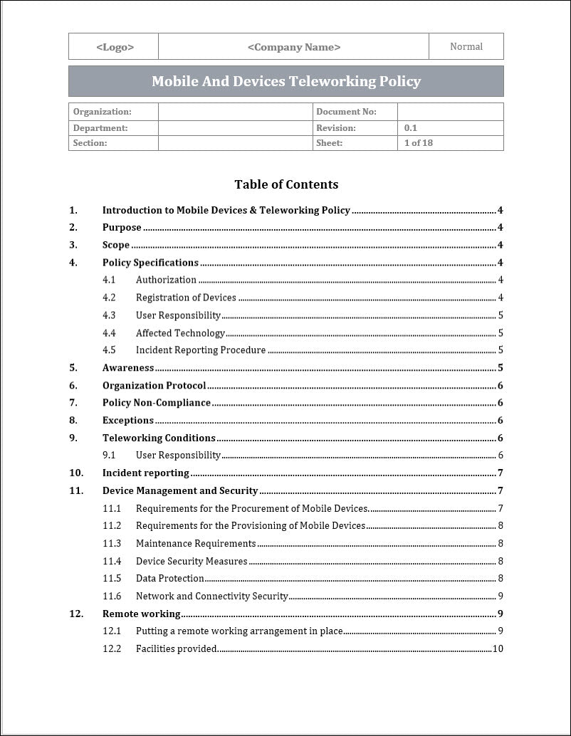 ISO 27001:2022 - Mobile And Devices Teleworking Policy Template