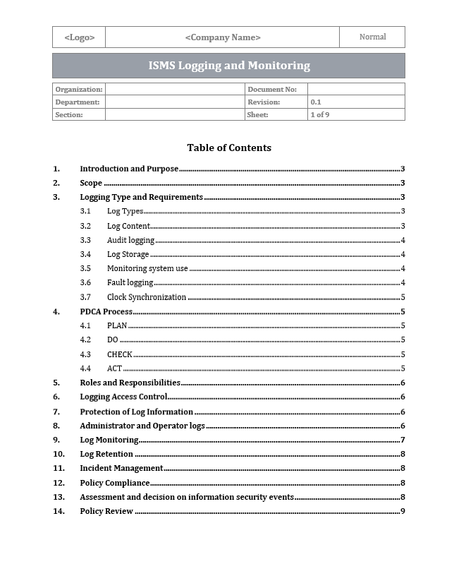 ISO 27001 - Monitoring and Logging Policy Template