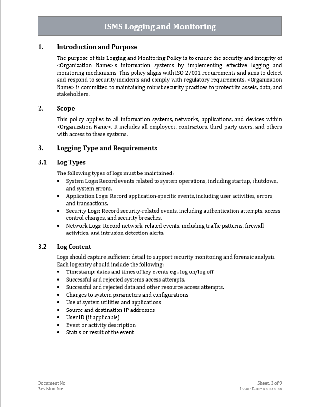 ISO 27001 - Monitoring and Logging Policy Template