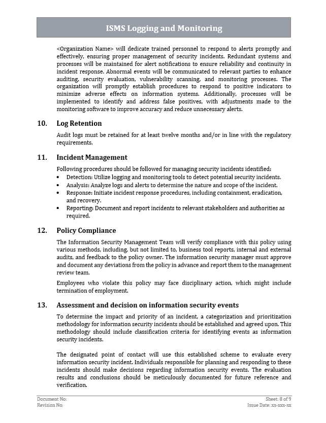 ISO 27001 - Monitoring and Logging Policy Template