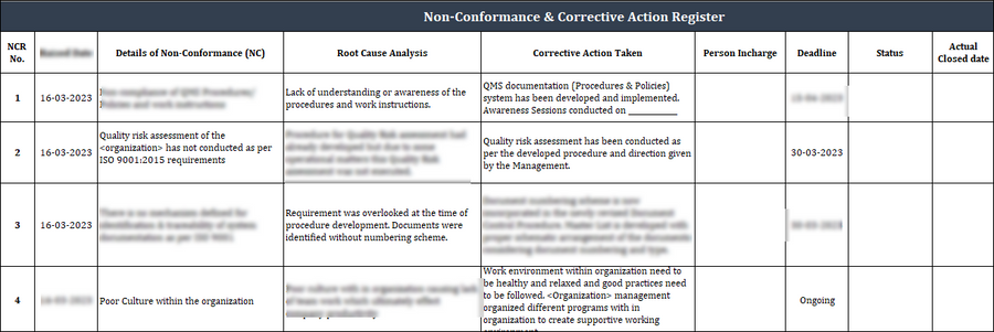 ISO 9001:QMS Non-Conformance & Corrective Action Register Template