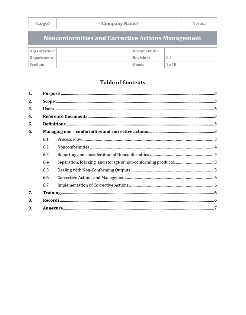 ISO 9001:QMS Nonconformities and Corrective Actions Management Template